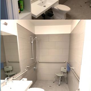 An accessible bathroom equipped with a sink, toilet, and shower area featuring grab bars and a shower chair.