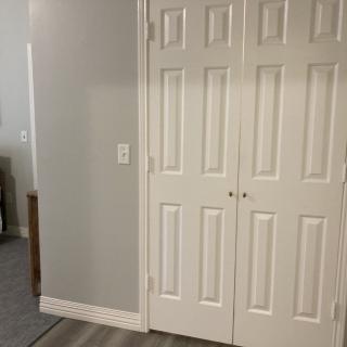 A simple interior view with a closed white closet door and gray walls.