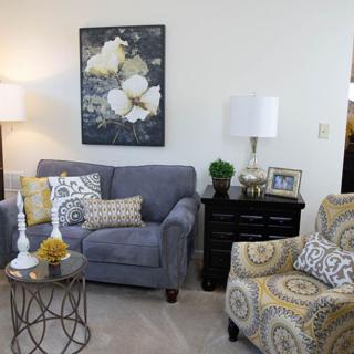 A cozy living room with a gray sofa, patterned armchair, and decorative elements.