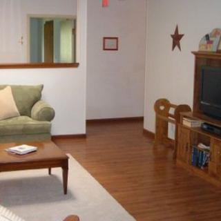 A cozy living room with a sofa, television, and coffee table on hardwood flooring.