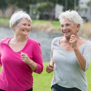 Two elderly women enjoying a walk together outdoors.