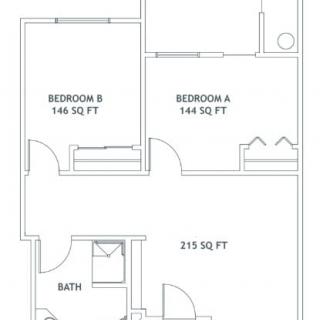 Floor plan showcasing a two-bedroom apartment layout with a bathroom and living area.