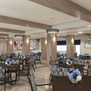 A modern dining room setup with elegant decor and wooden accents.