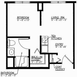 A floor plan of a one-bedroom apartment with a living room, tea kitchen, bathroom, and walk-in closet.