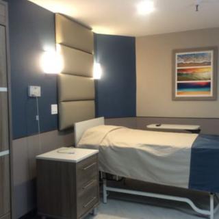 A modern hospital room with a single bed and stylish decor.