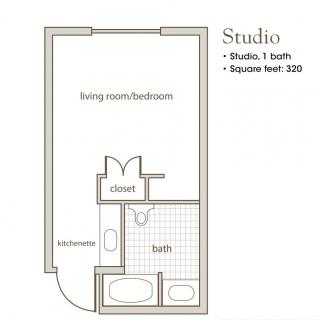 Studio apartment floor plan with one bath and 328 square feet.