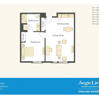 A floor plan layout for a one-bedroom apartment including living area, bathroom, and kitchen.