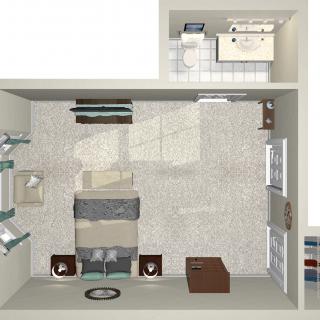 Top view of a bedroom interior design with furniture layout.