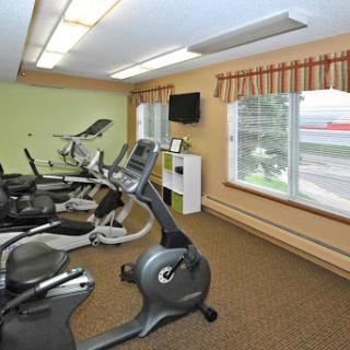 A cozy indoor gym featuring various exercise equipment and natural lighting.