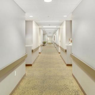 An empty hospital hallway with bright lighting and clean surroundings.