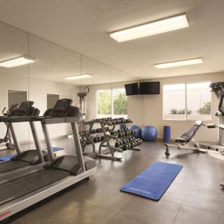 A well-equipped gym featuring treadmills, weights, and an open workout space.