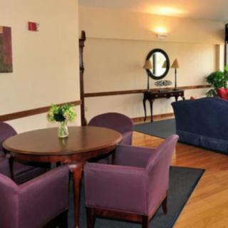 A cozy living space featuring a round table with purple chairs and a blue sofa.