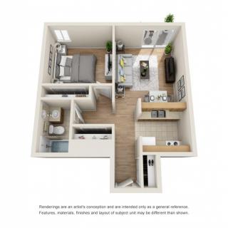 3D floor plan of a one-bedroom apartment featuring a living room, kitchen, and bathroom.
