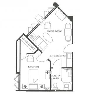 A floor plan illustration of a one-bedroom apartment featuring a living room, kitchen, and bathroom.