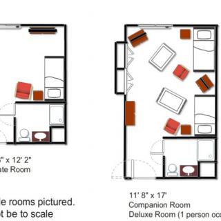 Room layout comparison for a nursing home, showing two different room sizes: Deluxe Room and Companion Room.
