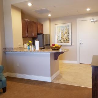 A modern kitchen interior with wooden cabinetry and a countertop featuring a fruit bowl.