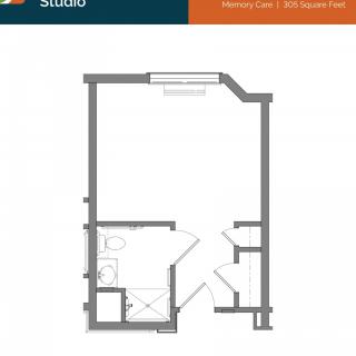 Studio apartment floor plan layout.