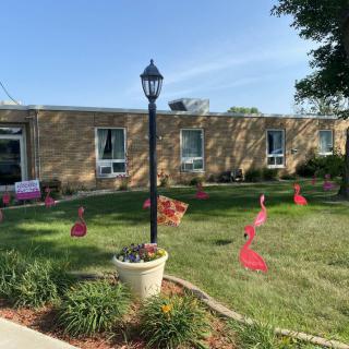 A building with a well-maintained lawn featuring flamingo decorations and a lamp post.