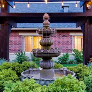 A beautifully designed fountain surrounded by lush greenery, illuminated in the evening.
