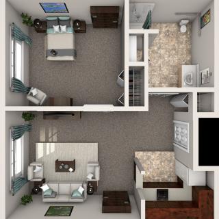 A detailed floor plan of a one-bedroom apartment featuring a kitchen, living room, and bathroom.