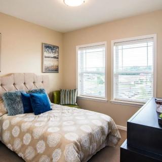 A cozy bedroom with a neatly made bed, decorative pillows, and two windows providing natural light.