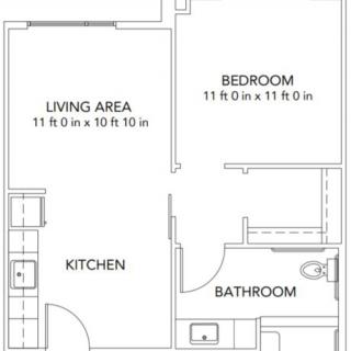 A simple floor plan featuring a living area, bedroom, bathroom, and kitchen.