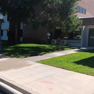 A view of a well-maintained lawn and sidewalk in front of a modern building.