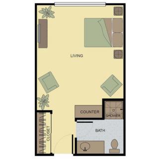 A simple floor plan of a small apartment featuring a living area, kitchenette, and bathroom.