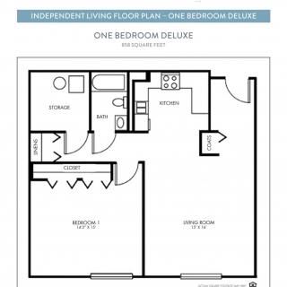 Floor plan of a one-bedroom deluxe apartment.