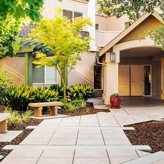 A beautifully landscaped garden path leads to a modern building entrance, surrounded by lush greenery.
