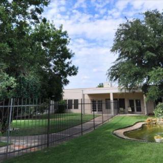 A modern house with a spacious garden, featuring tall trees, a metal fence, and a small pond under a blue sky.