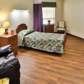 A simple bedroom with a single bed, lamp, and wooden flooring.