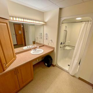 A well-lit bathroom featuring a sink, mirror, and a shower area.