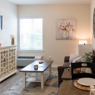 A cozy living room with a sofa, coffee table, and decorative elements.