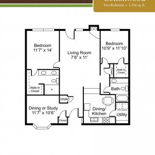 A floor plan of a two-bedroom, one-bathroom apartment with a living room, kitchen, dining area, and study.