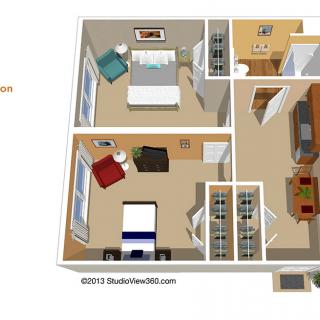 3D floor plan of a residential apartment with bedroom, bathroom, and living area.