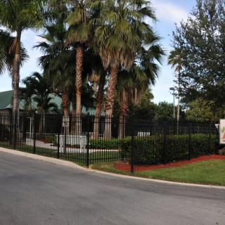 Entrance to a gated community with palm trees and well-maintained landscaping.