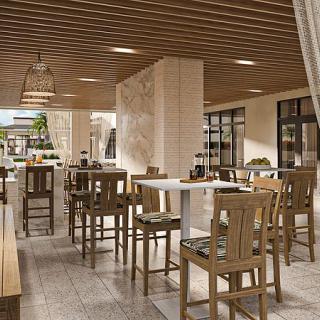 A modern restaurant interior featuring wooden furniture and stylish lighting.