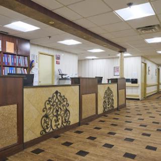 A spacious office reception area with a stylish design.