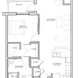 Architectural floor plan showcasing the layout of an apartment including living spaces and bedrooms.