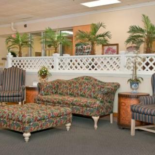 A waiting room with patterned furniture and indoor plants.