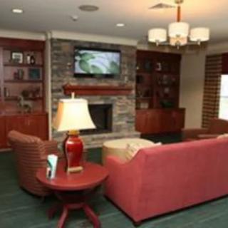 A cozy living room with a sofa, fireplace, television, and bookshelves.