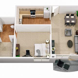 A 3D floor plan of a one-bedroom apartment featuring a living room, kitchen, and bathroom.