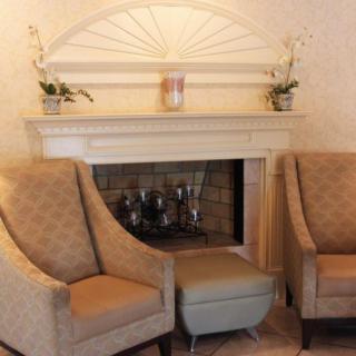 A cozy living room setting with armchairs flanking a decorative fireplace, adorned with plants.