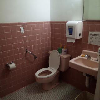 A simple restroom setup featuring a toilet and sink with pink tiled walls.