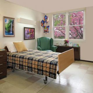 A cozy hospital room with a single bed, armchair, and large windows displaying a view of blooming trees.