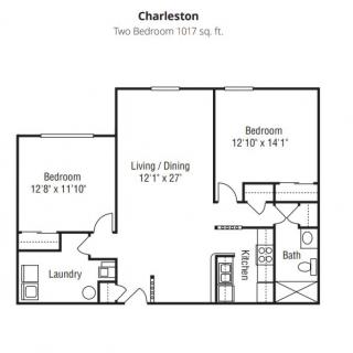 Floor plan of a two-bedroom apartment named Charleston, measuring 1011 sq. ft.