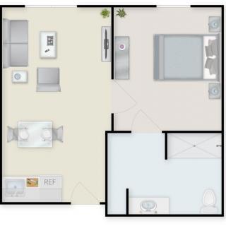 A simple one-bedroom apartment floor plan featuring a living room, kitchen, and bathroom.