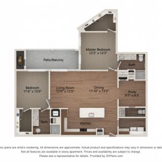 This image shows a floor plan of a two-bedroom apartment with labeled rooms and dimensions.