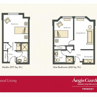 Floor plans for studio and one-bedroom assisted living apartments at Aegis Gardens.